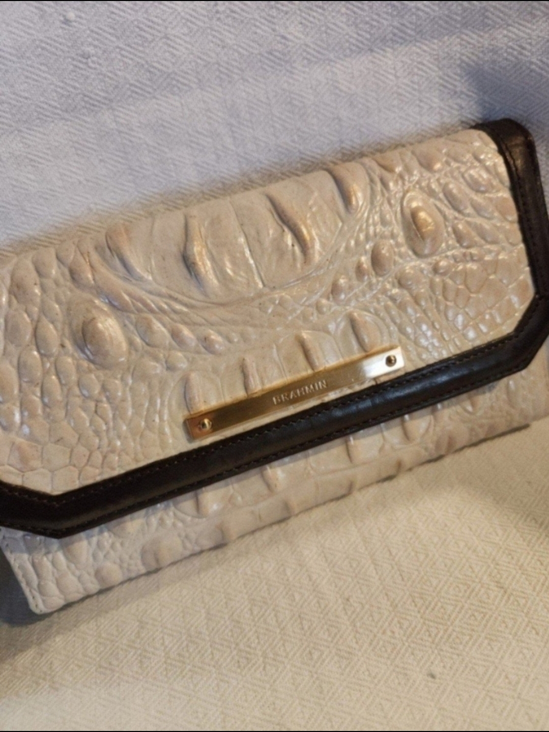 Brahmin Cream Croc-Embossed Clutch With Dark Brown Trim